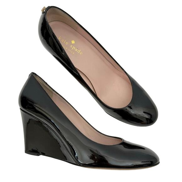 Kate Spade Black Patent Leather Wedge Shoes Pumps Round-Toe 7.5 - Picture 1 of 11